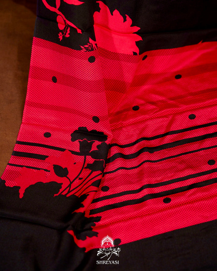 Pure Crepe Floral Saree in Black and Scarlet Red