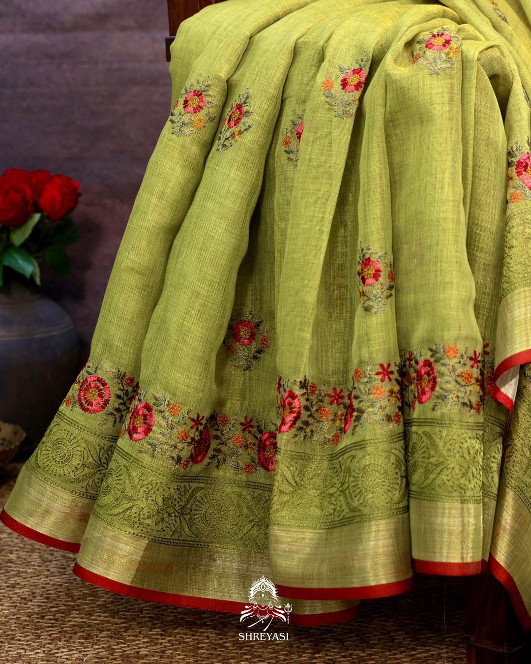 Bengal Linen Saree with Resham Floral Embroidery