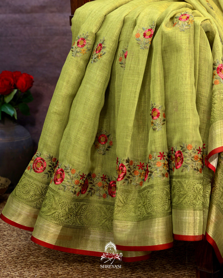 Bengal Linen Saree with Resham Floral Embroidery