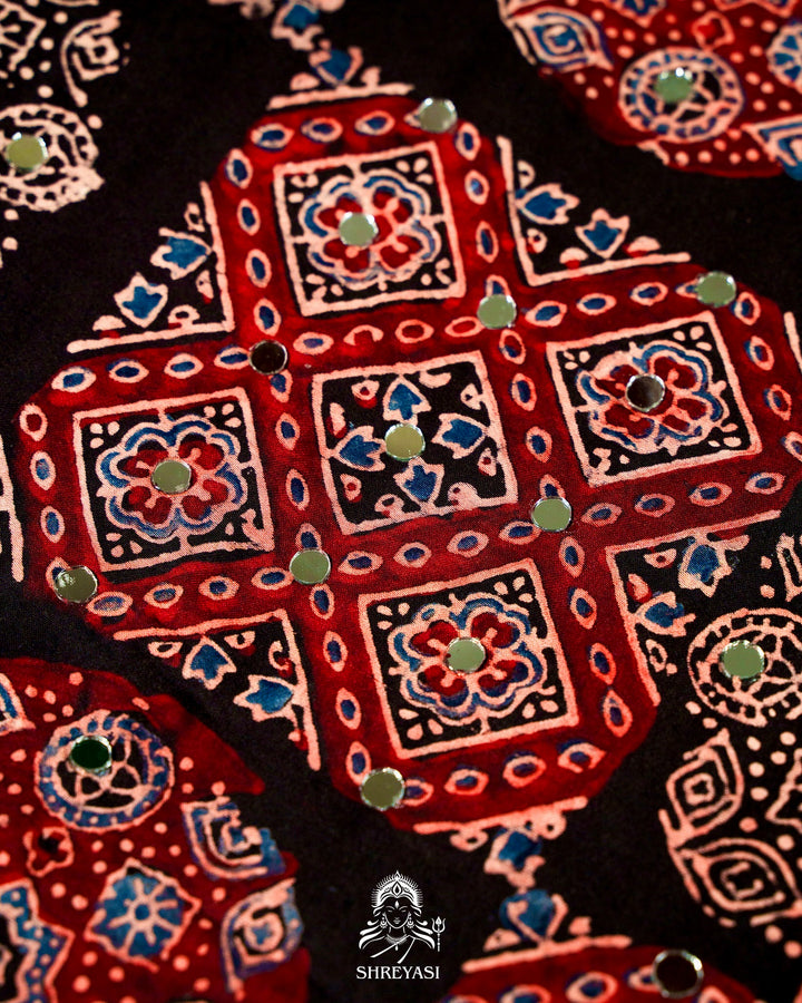 Mirror Work Pure Modal Silk Ajrakh Hand Block Printed Saree | Naturally Dyed Artisan Collection