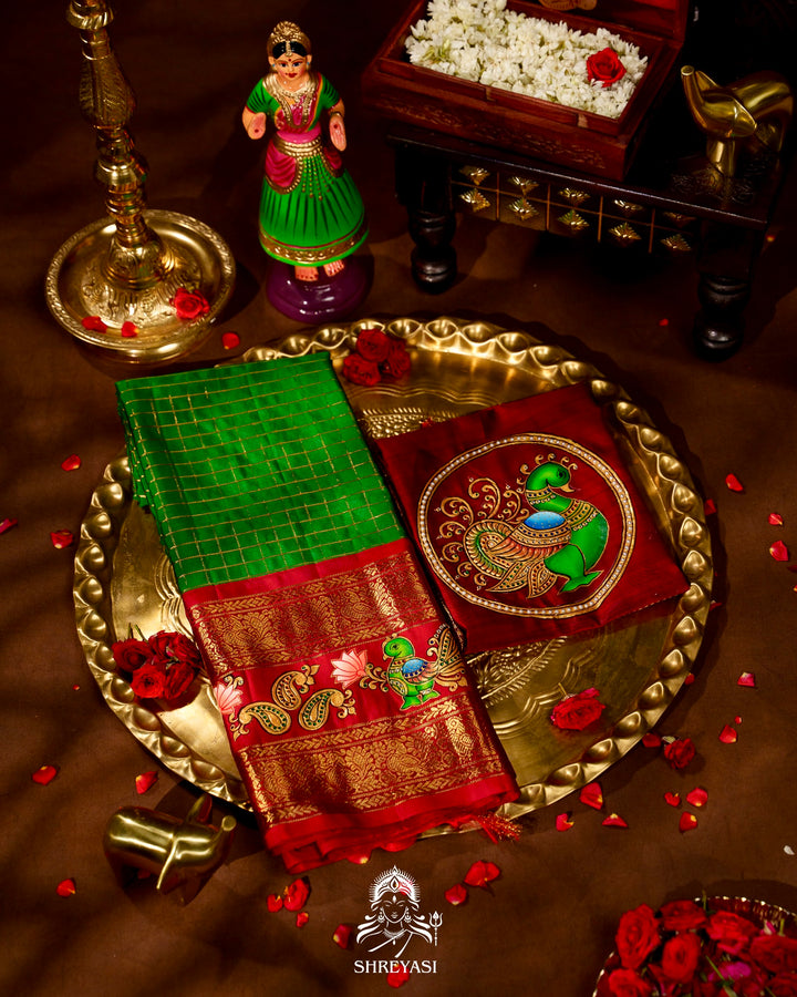 Handloom Pure Kanjivaram Silk Sarees with Real Zari and Hand Painted Tanjore Art