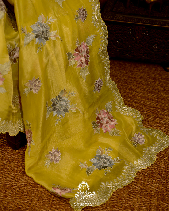Pure Tissue Silk Saree with Floral Threadwork and Pita Embroidered Border