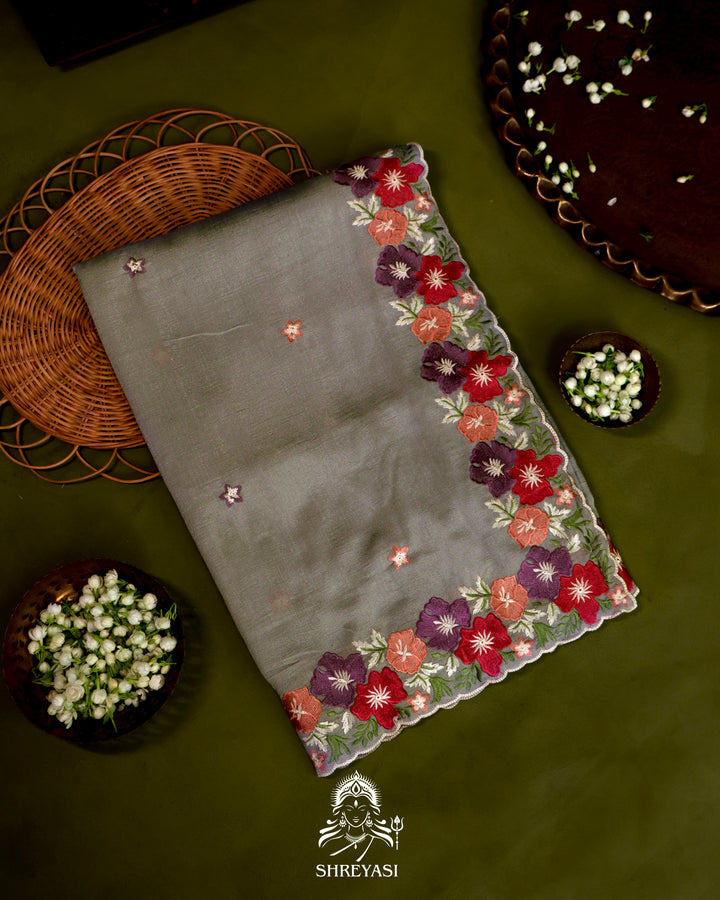 Tussar Silk Saree with Resham Floral Embroidery Border