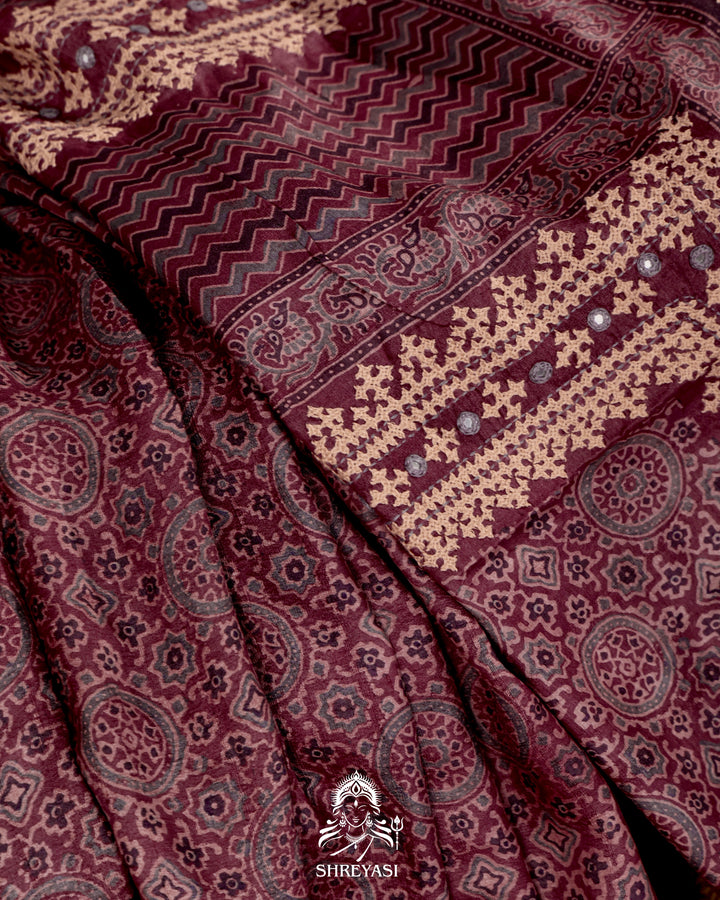 Ajrakh Silk Saree with Kutch Embroidery and Mirror Work