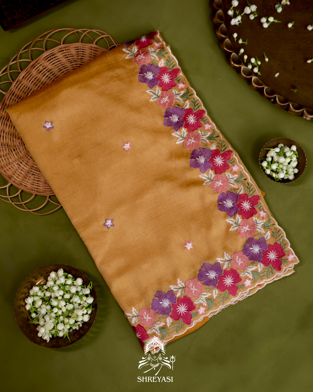 Tussar Silk Saree with Resham Floral Embroidery Border