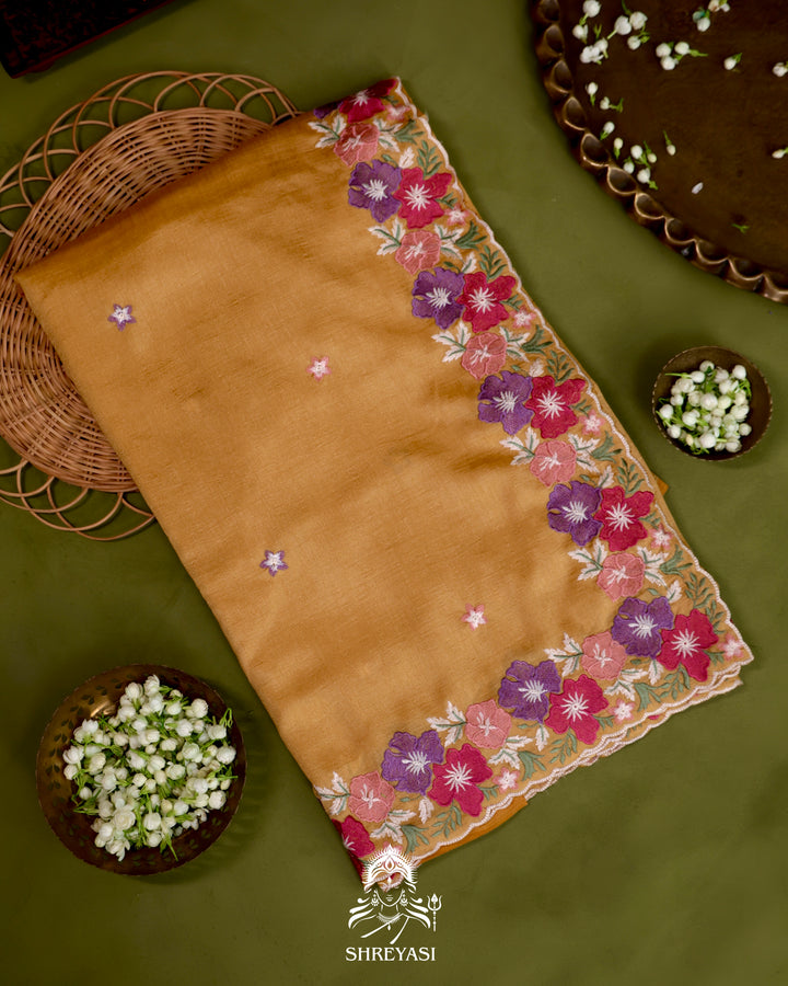 Tussar Silk Saree with Resham Floral Embroidery Border