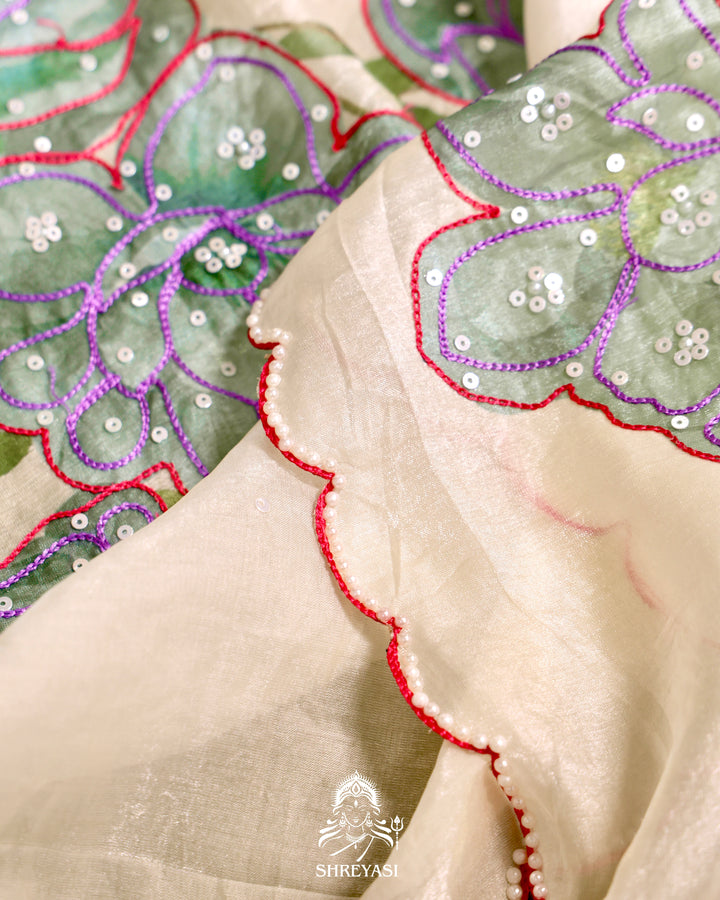 Glass Tissue Saree with Floral Print and  Embroidery