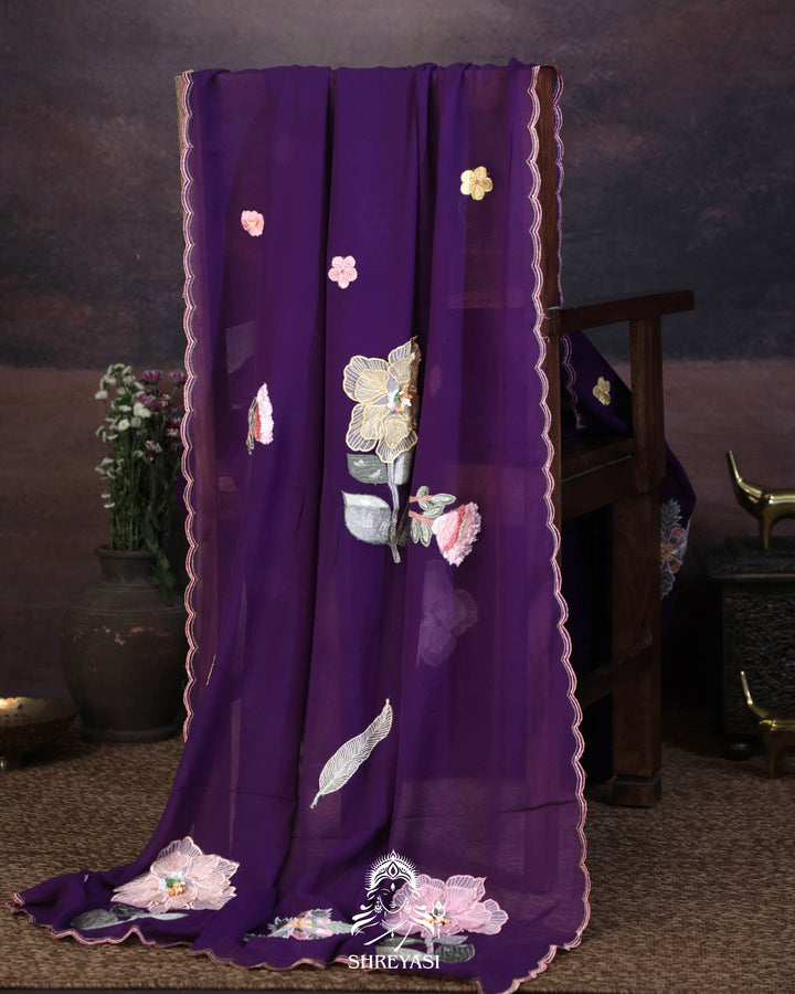 Handloom Pure Chiffon Saree with 3D Appliqué Embroidery