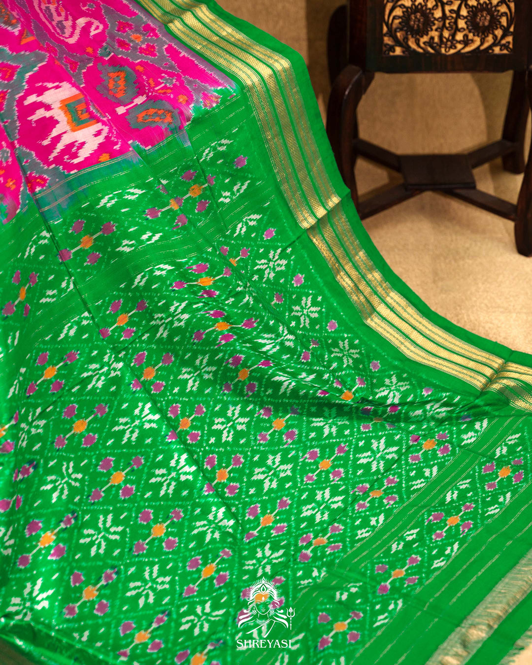 Pink & Green Handloom Pure Pochampally Silk Saree with Kanchi Borders