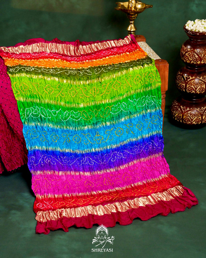 Handloom Pure Bandhani Gaji Silk Saree with Hand-Knotted Bandhej and Multicolored Bandhani Pallu