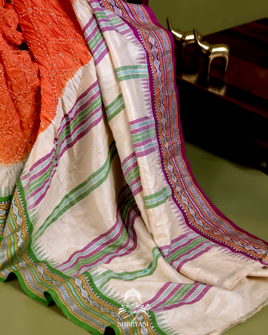 Vidarbha Karvati Kinar Tussar Silk Saree with Hand-Knotted Bandhej