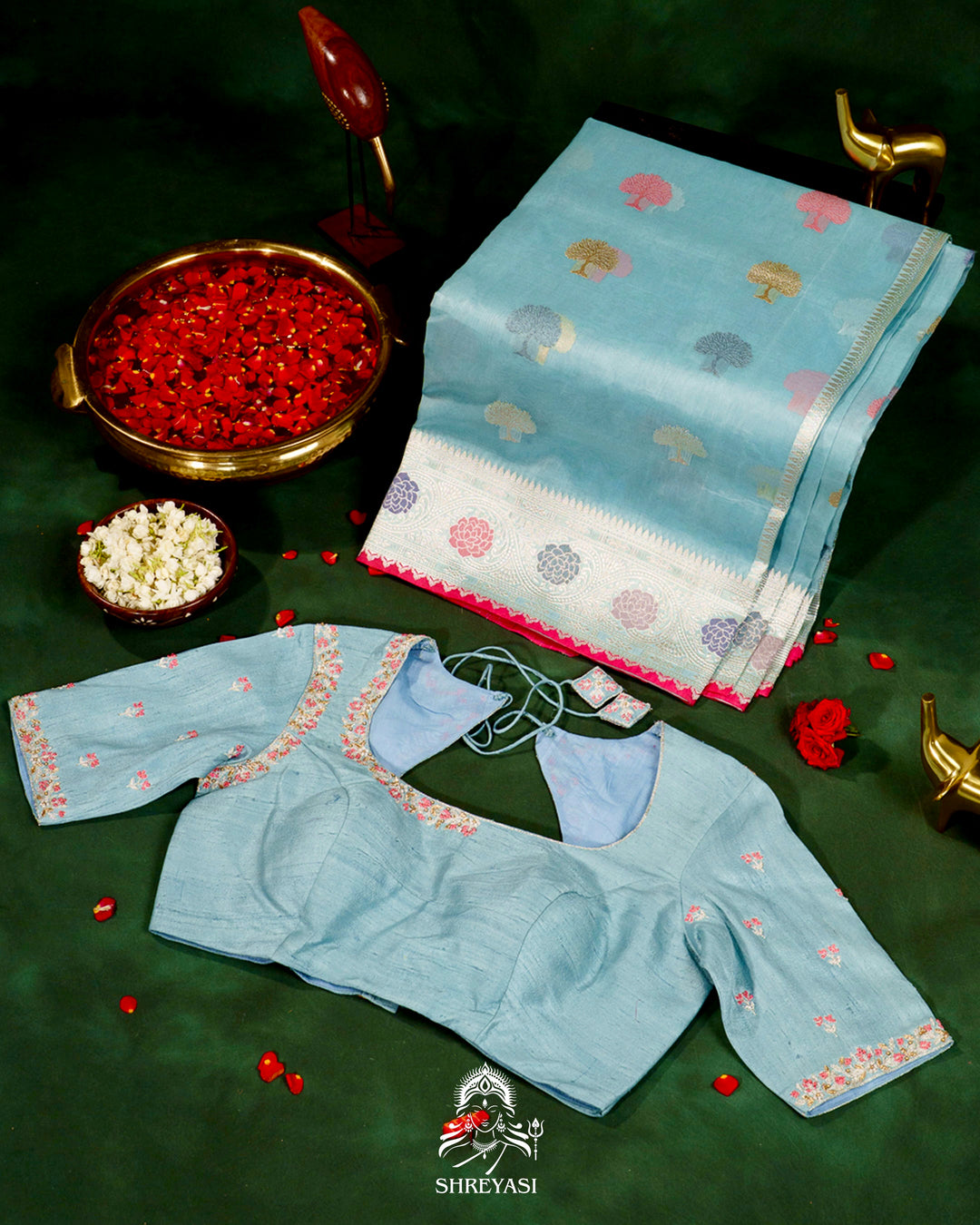 Handloom Pure Banarasi Ektara Kora Silk Saree with Meenakari Weaving & Embroidered Blouse