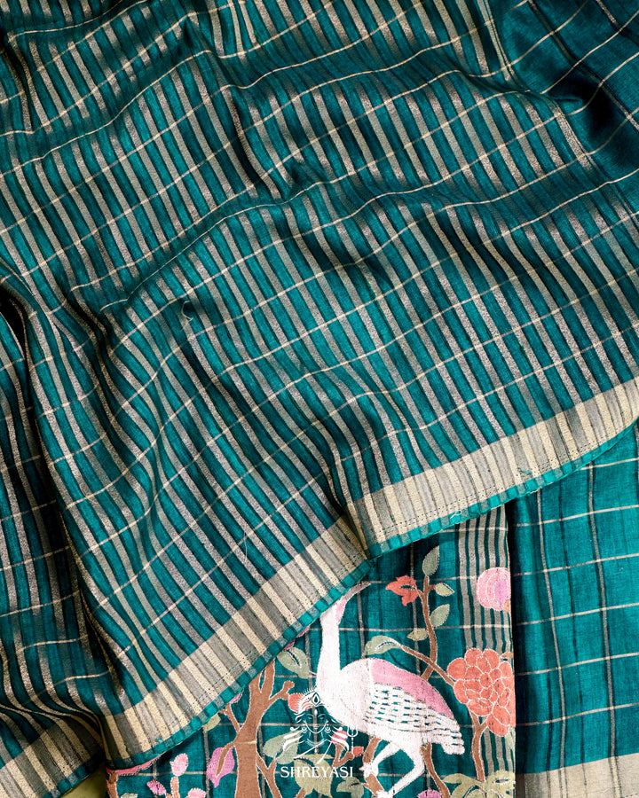 Pure Linen Tussar Silk Saree with Resham Embroidered Borders