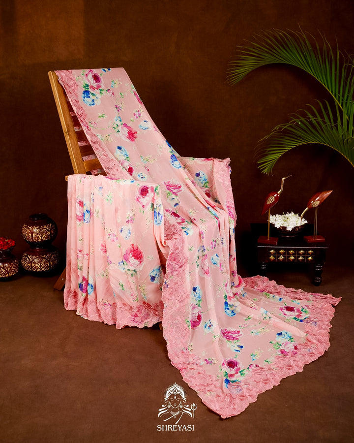 Pure Georgette Floral Saree with Chantilly Lace Embroidery Border