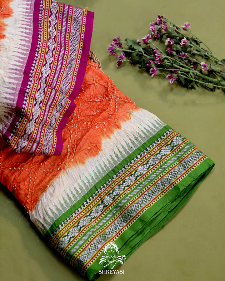 Vidarbha Karvati Kinar Tussar Silk Saree with Hand-Knotted Bandhej
