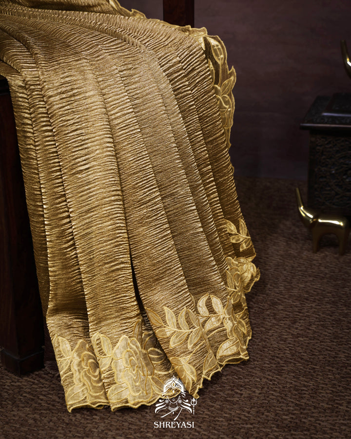 Handloom Pure Banarasi Crushed Tissue Silk Saree with Appliqué Borders