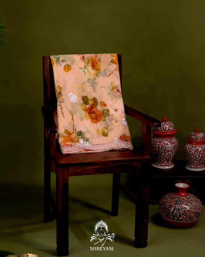 Floral Chiffon Georgette Saree with Scalloped Mirror Embroidery