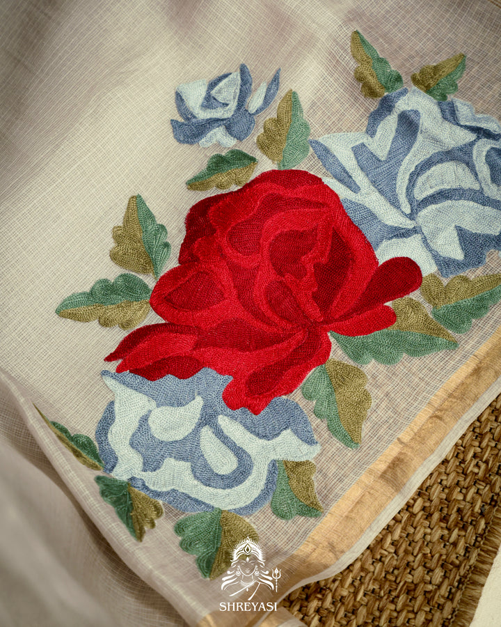 Handloom Pure Silk Kota Saree with Resham Floral Embroidery