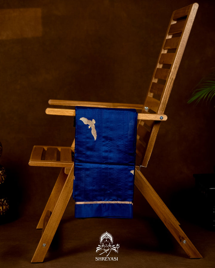Handloom Pure Chanderi Pattu Silk Saree in Cobalt Blue with Bird Motifs