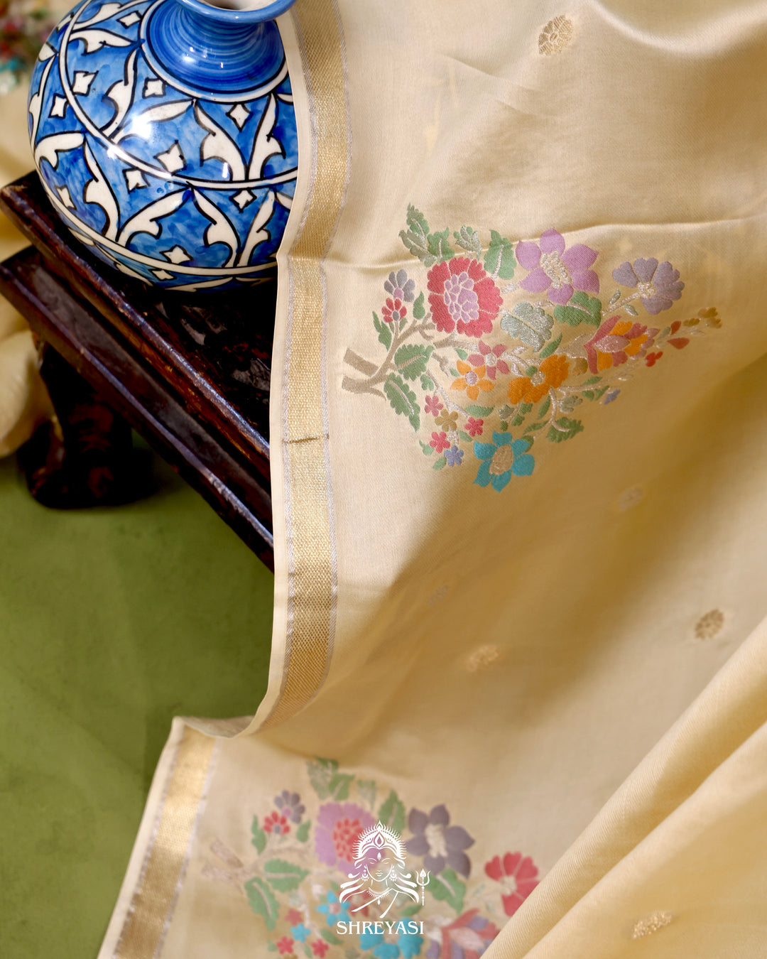 Handloom Pure Mashru Silk Saree with Sona Rupa Meenakari Bhutis and Nakshi Pallu