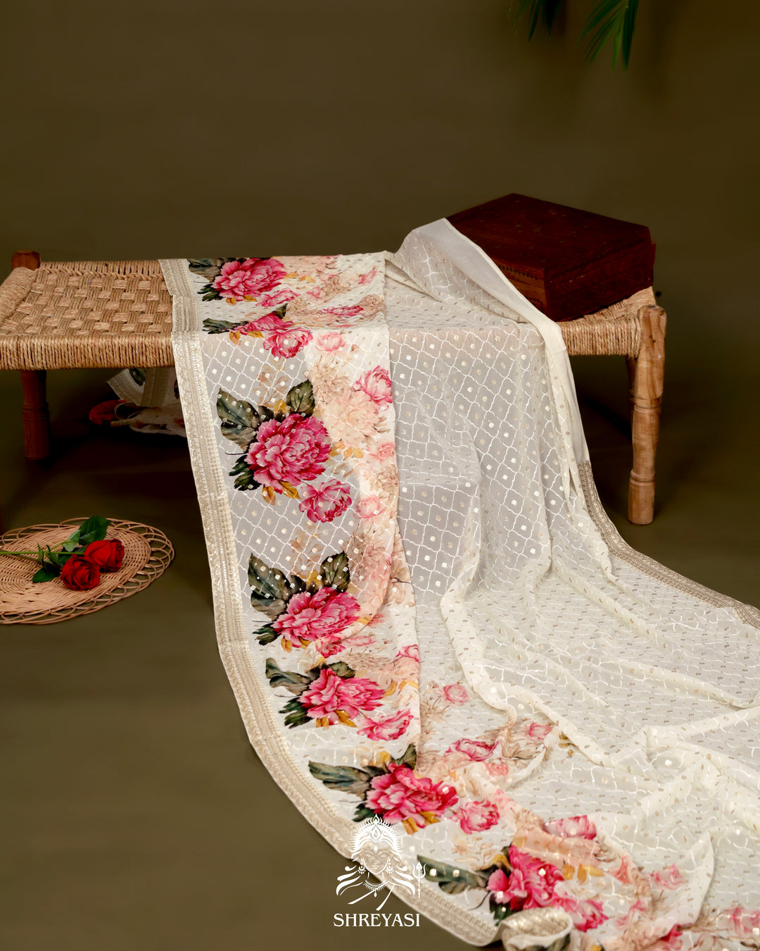 Georgette Floral Saree with Thread Embroidery and Micro Sequins