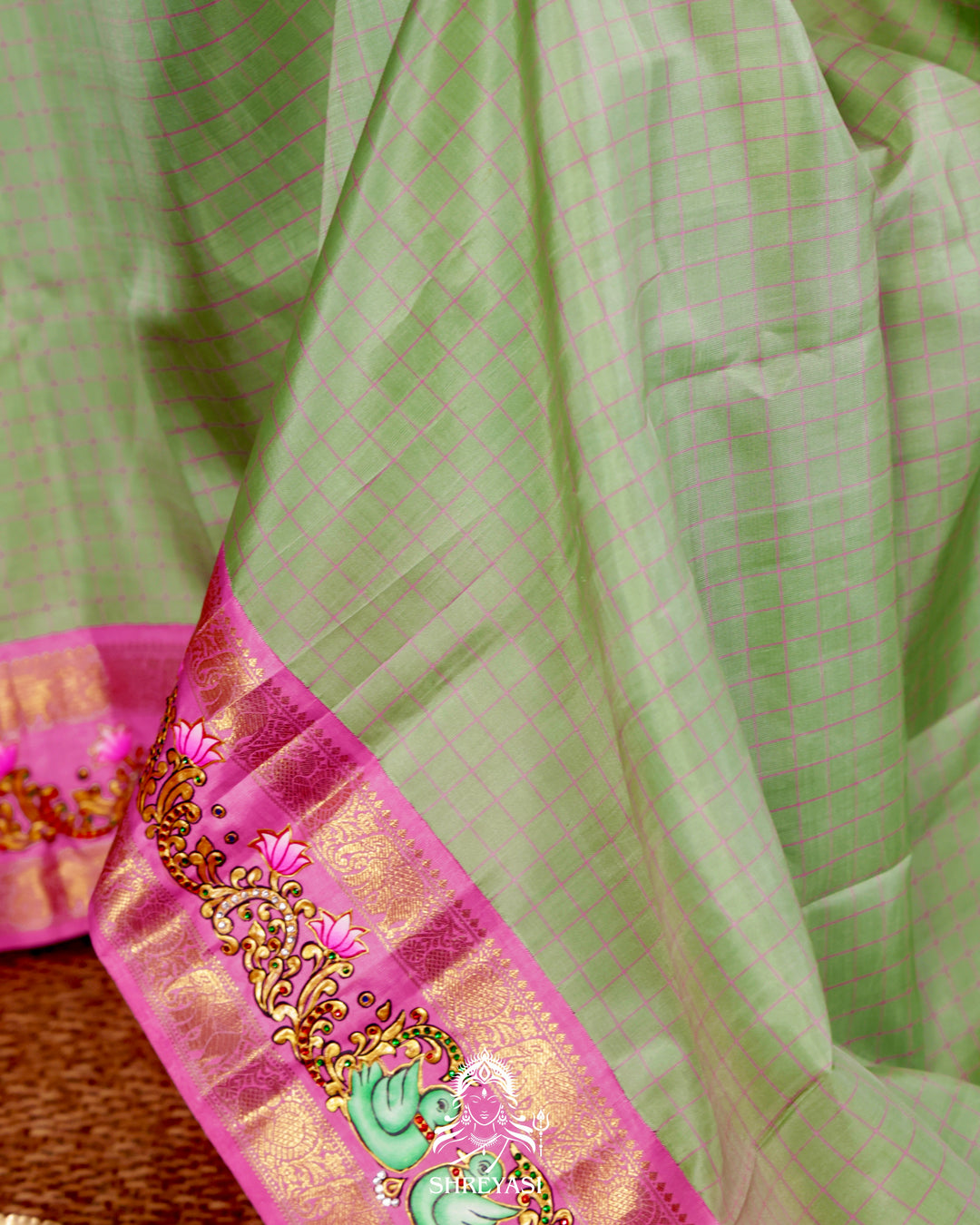 Handloom Pure Kanjivaram Silk Saree in Real Zari with Tanjore Annapakshi and Kamalam Artwork
