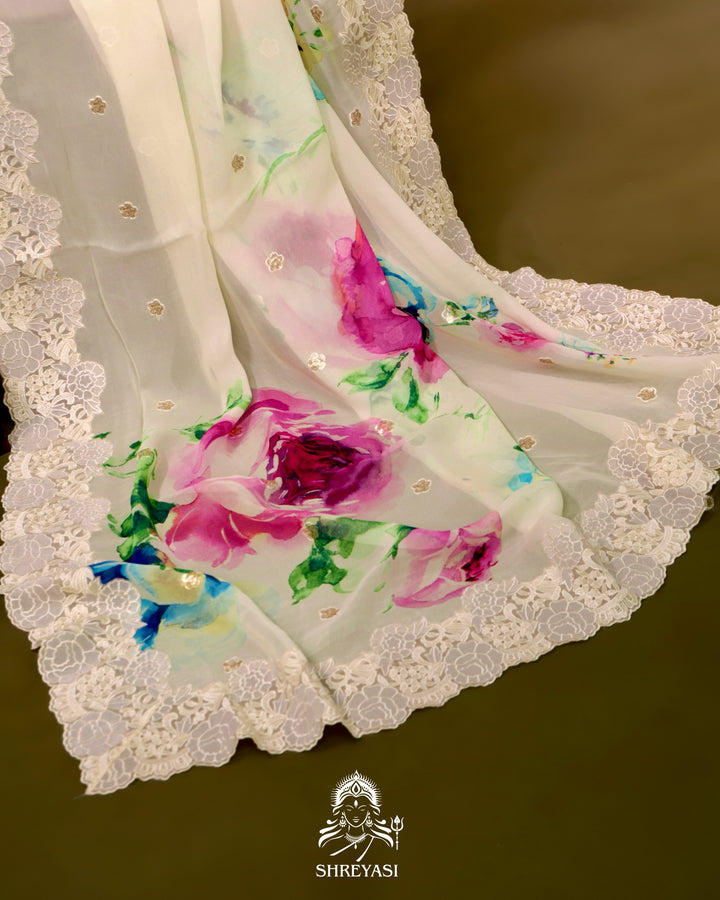 Floral Georgette Saree with Sequin Embroidery and Chantilly Lace Borders
