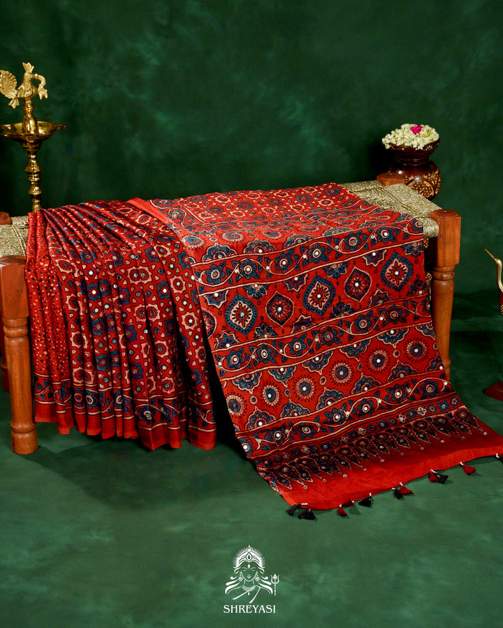 Mirror Work Pure Modal Silk Ajrakh Hand Block Printed Saree | Naturally Dyed Artisan Collection