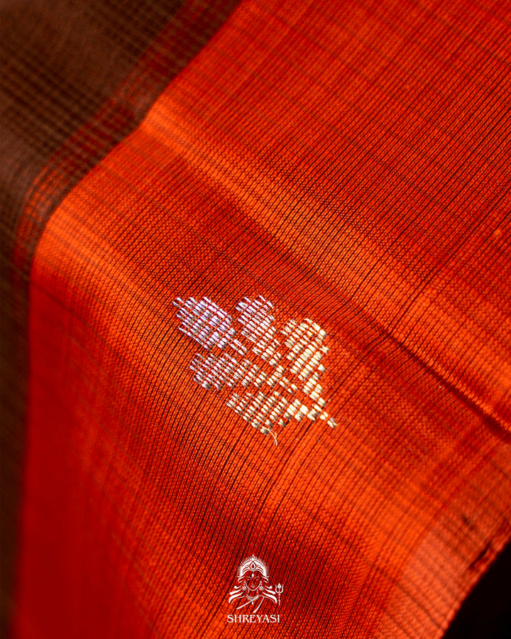 Chocolate Brown Handloom Pure Zari Kota Saree with Orange Contrast Blouse