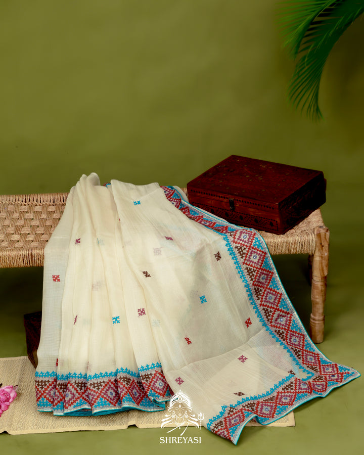 Handloom Pure Tussar Kota Saree with Kutch Hand Embroidery and Mirror Work