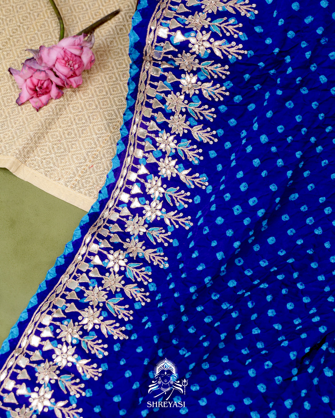 Handloom Pure Gaji Silk Saree with Hand-Knotted Bandhej and Gharchola Pallu with Heavy Gotapatti Embroidery