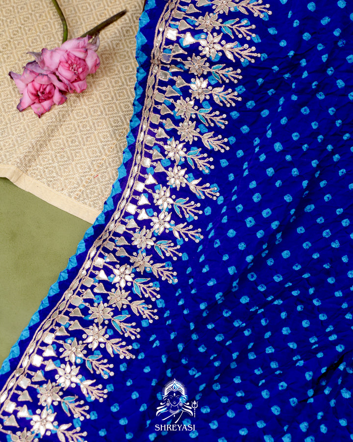 Handloom Pure Gaji Silk Saree with Hand-Knotted Bandhej and Gharchola Pallu with Heavy Gotapatti Embroidery