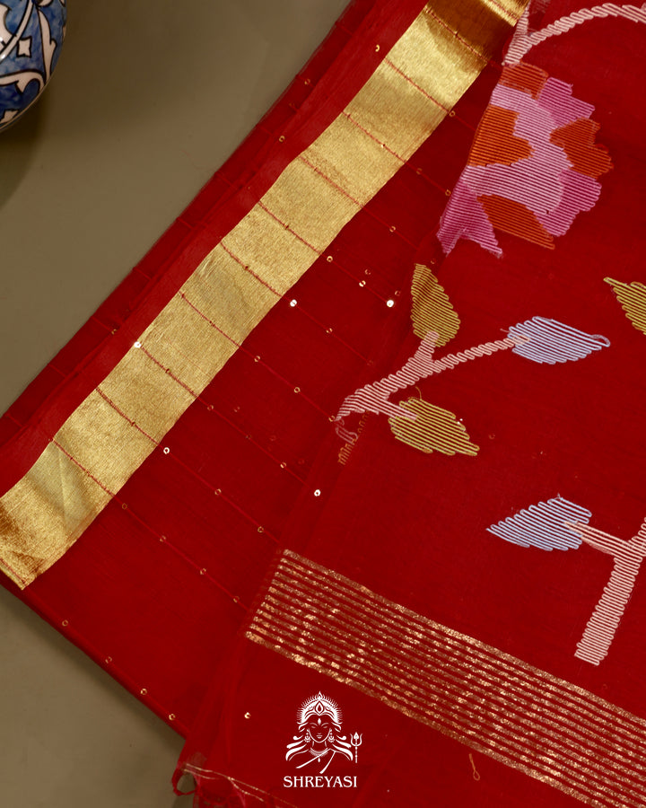 Muslin Jamdani Saree with Needle Weaving and Paithani Tissue Pallu