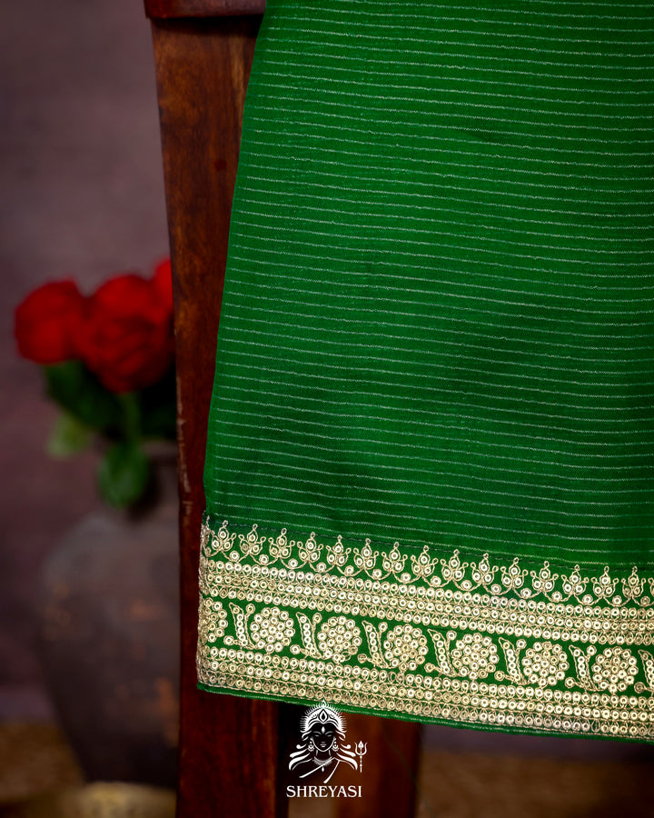 Pure Organza Silk Saree in Emerald Green with Embroidered Border