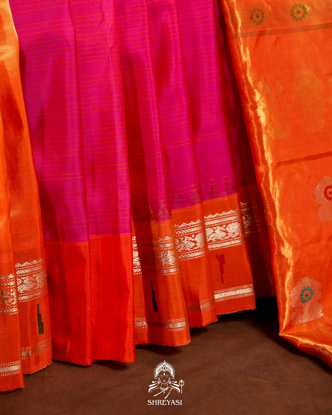 Handloom Pure Gadwal Silk Saree in Rani Pink with Orange Tissue Muniya Border