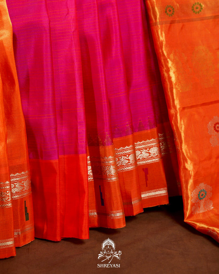 Handloom Pure Gadwal Silk Saree in Rani Pink with Orange Tissue Muniya Border