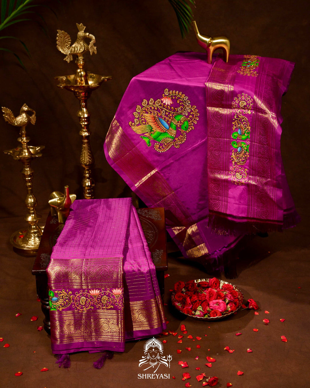 Handloom Pure Kanjivaram Silk Sarees with Real Zari and Hand Painted Tanjore Art
