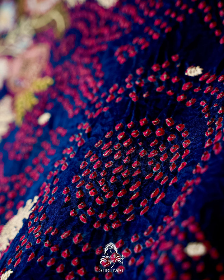 Handloom Pure Gaji Silk Bandhej Saree with Floral Embroidery