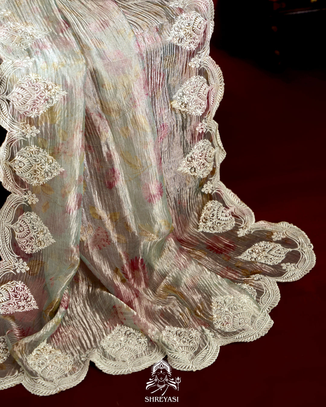 Pure Banarasi Crushed Tissue Saree with Scalloped Embroidery