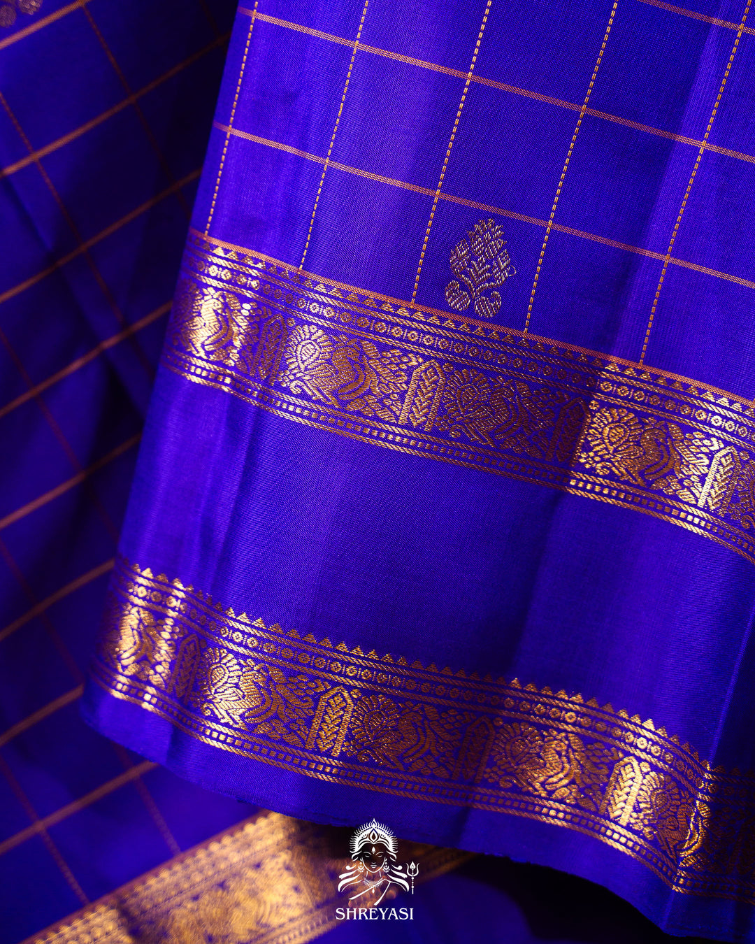 Handloom Pure Kanjivaram Silk Saree in Royal Blue with Kattam Checks and Traditional Zari Borders