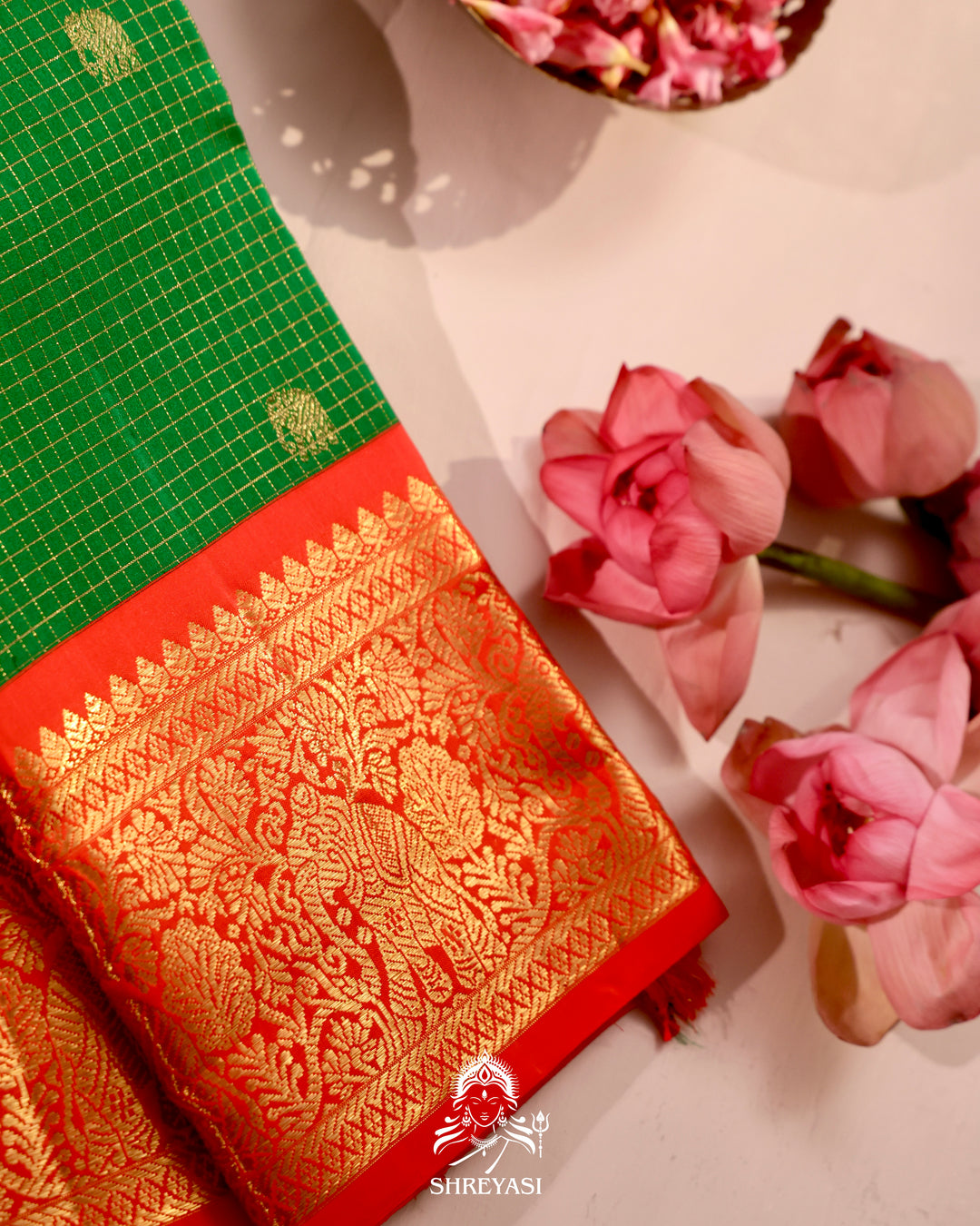 Handloom pure Kanjivaram silk saree with real zari, kattam checks, and traditional motifs