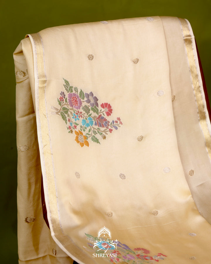 Handloom Pure Mashru Silk Saree with Sona Rupa Meenakari Bhutis and Nakshi Pallu