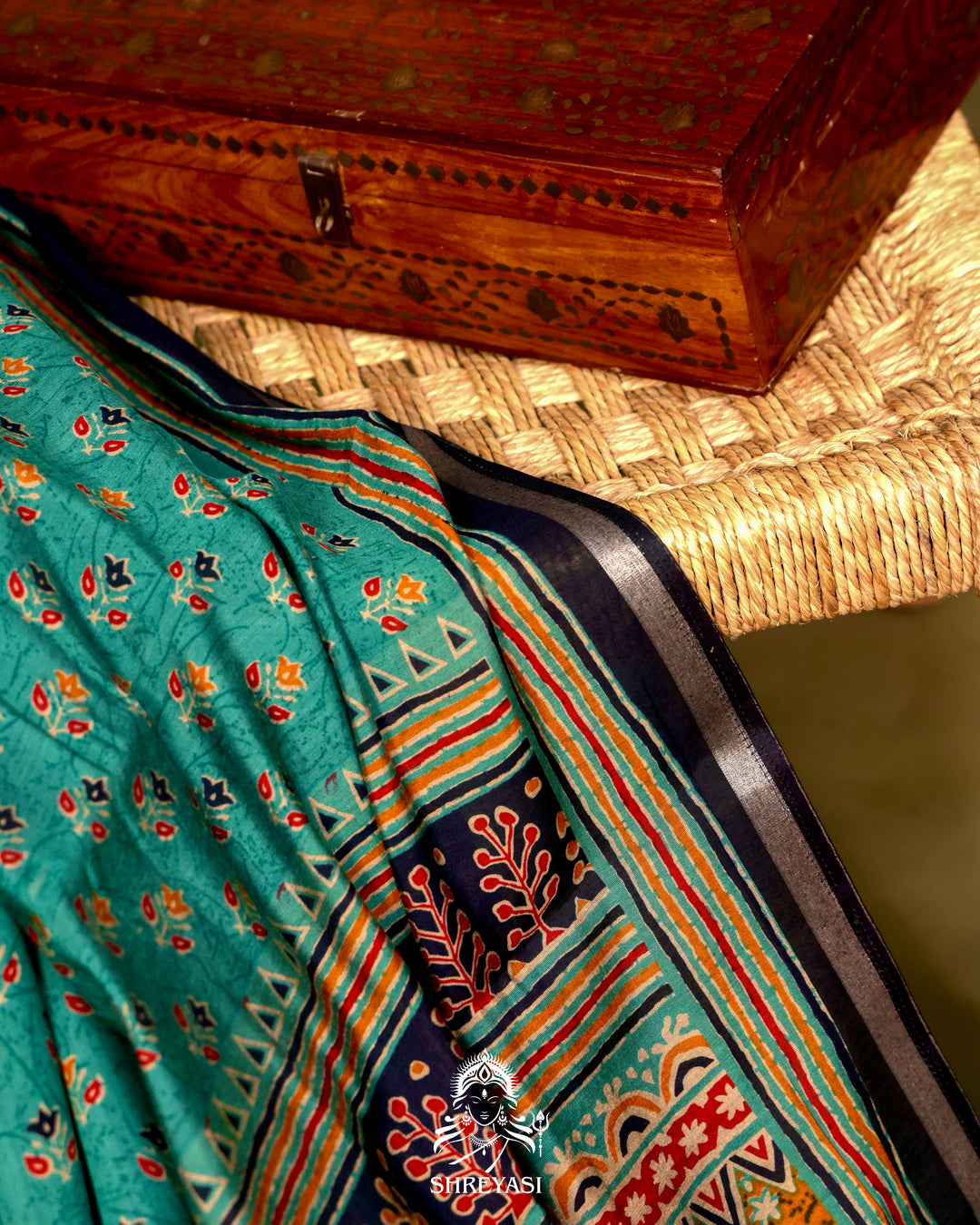 Teal Crystal Cotton Saree