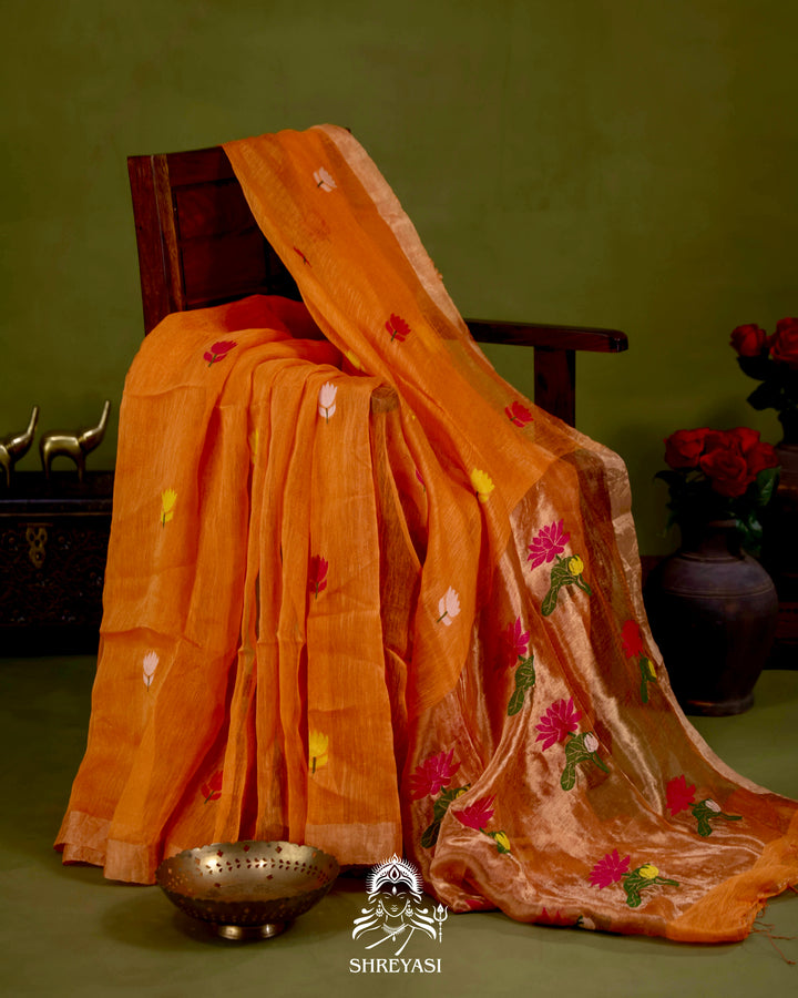 Handloom Silk Linen Jamdani Saree with Tissue Paithani Pallu