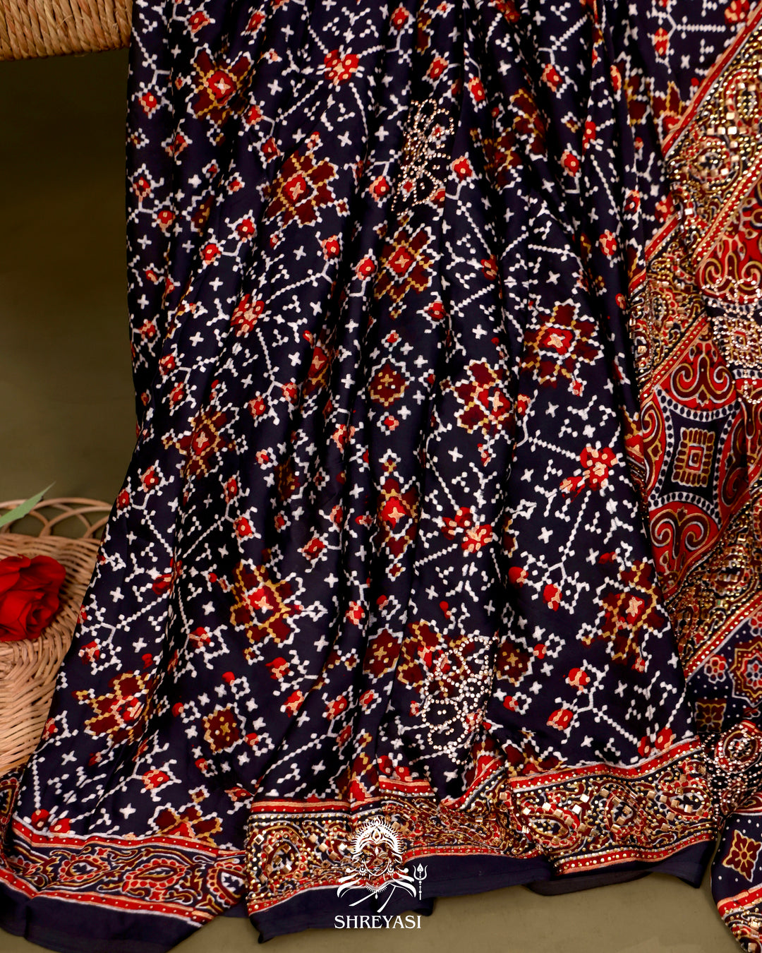 Pure Modal Silk Ajrakh Saree with Swarovski Crystal Embroidery