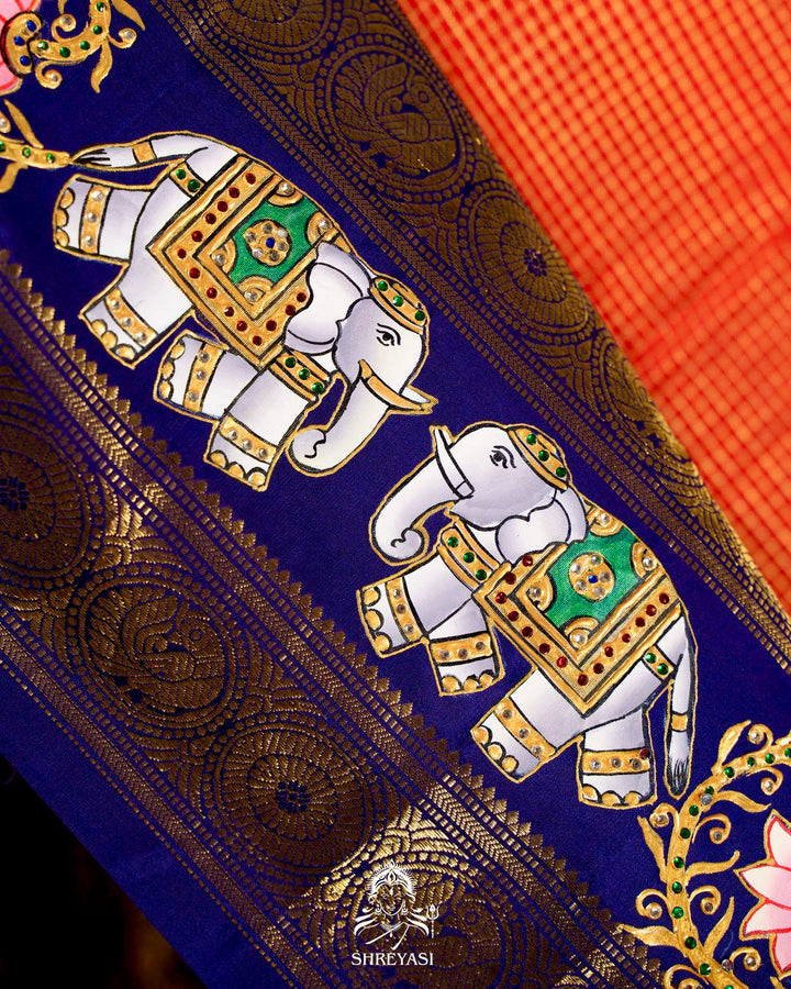 Handloom Pure Kanjivaram Silk Sarees with Real Zari and Hand Painted Tanjore Art