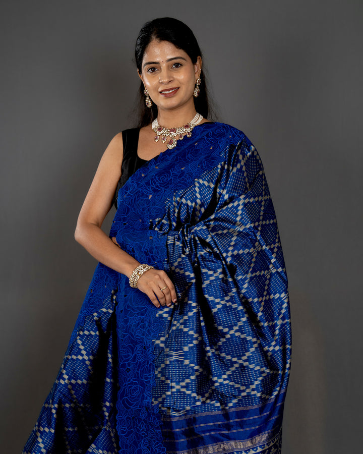 Handloom Pure Patola Silk Saree with Scalloped Floral Appliqué Embroidered Borders