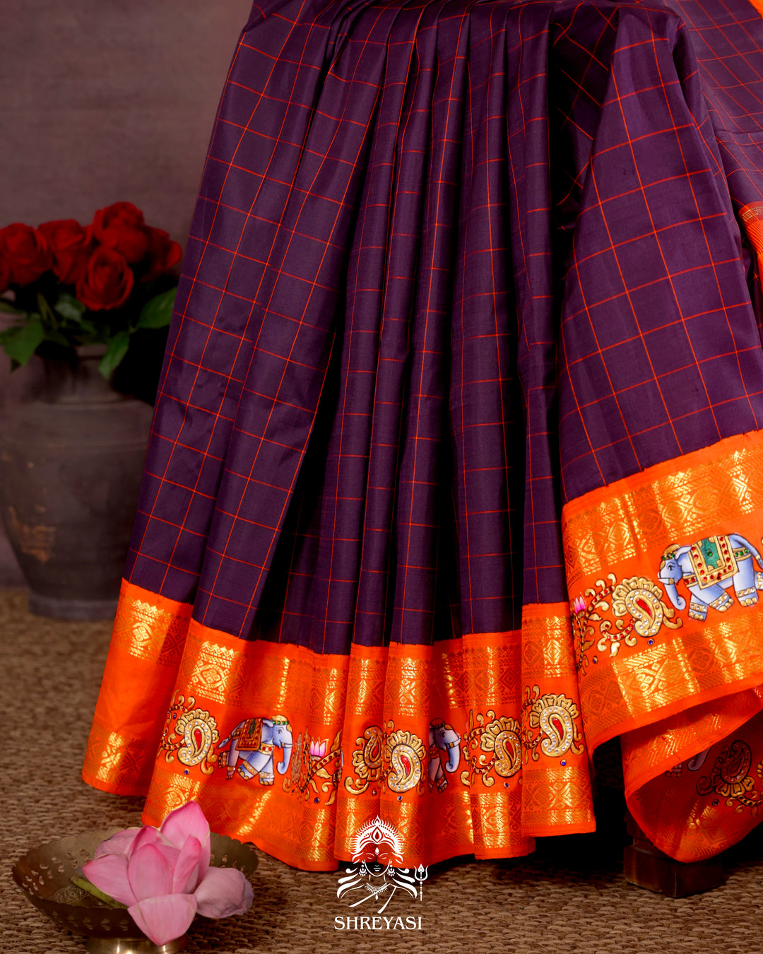 Handloom Pure Kanjivaram Silk Saree in Real Zari with Tanjore Yanai, Manga and Kamalam Artwork