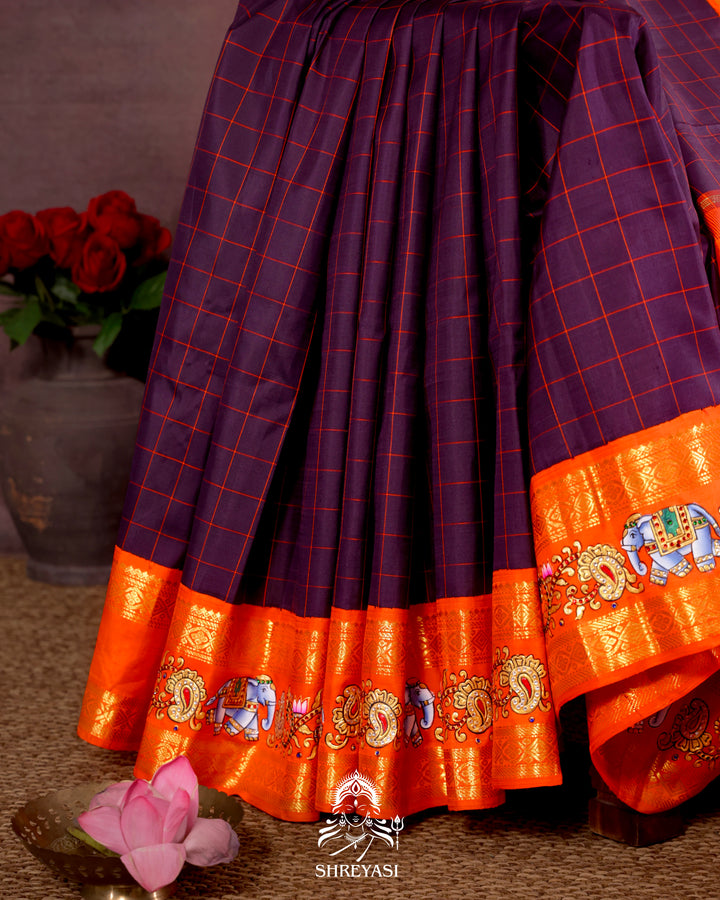 Handloom Pure Kanjivaram Silk Saree in Real Zari with Tanjore Yanai, Manga and Kamalam Artwork