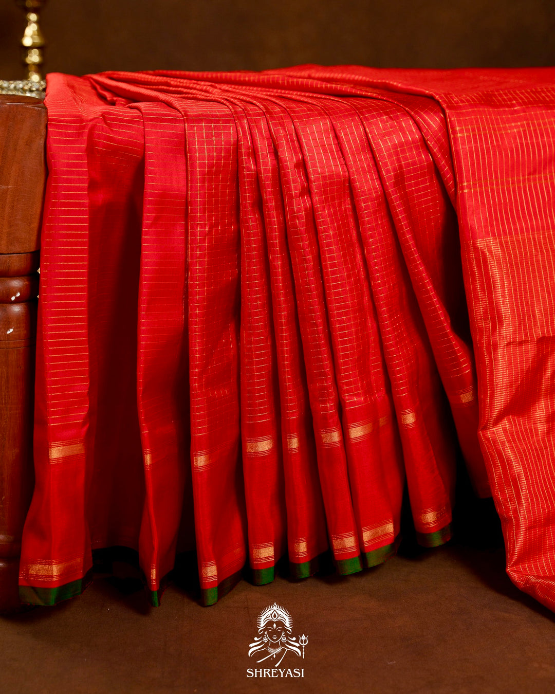 Handloom Pure Gadwal Silk Saree in Crimson Red with Gold Zari Checks